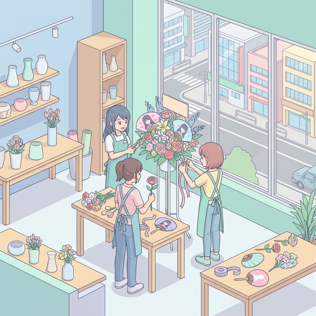 A professional florist carefully assembling a custom flower stand in a workshop, selecting fresh flowers and matching ri