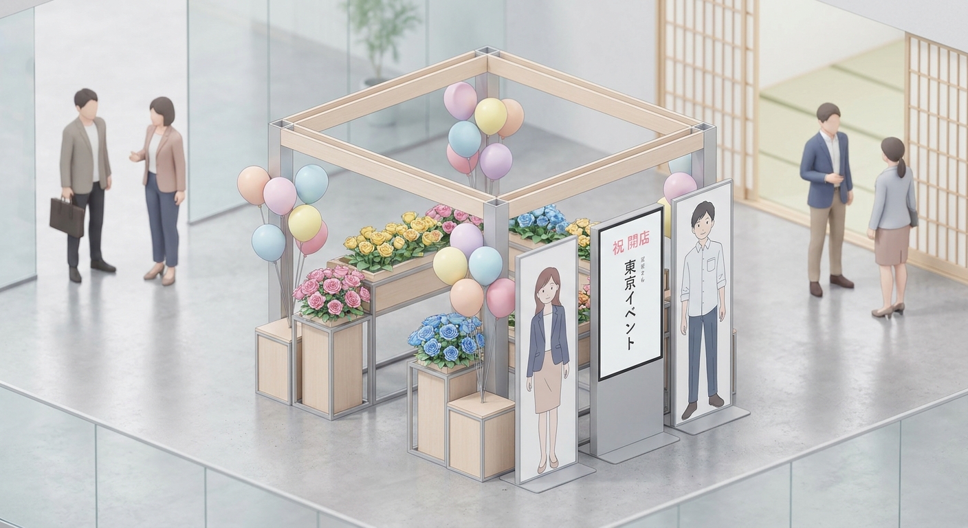 A beautiful, custom-designed flower stand in Tokyo with colorful roses, balloons, and character panels, standing in a br