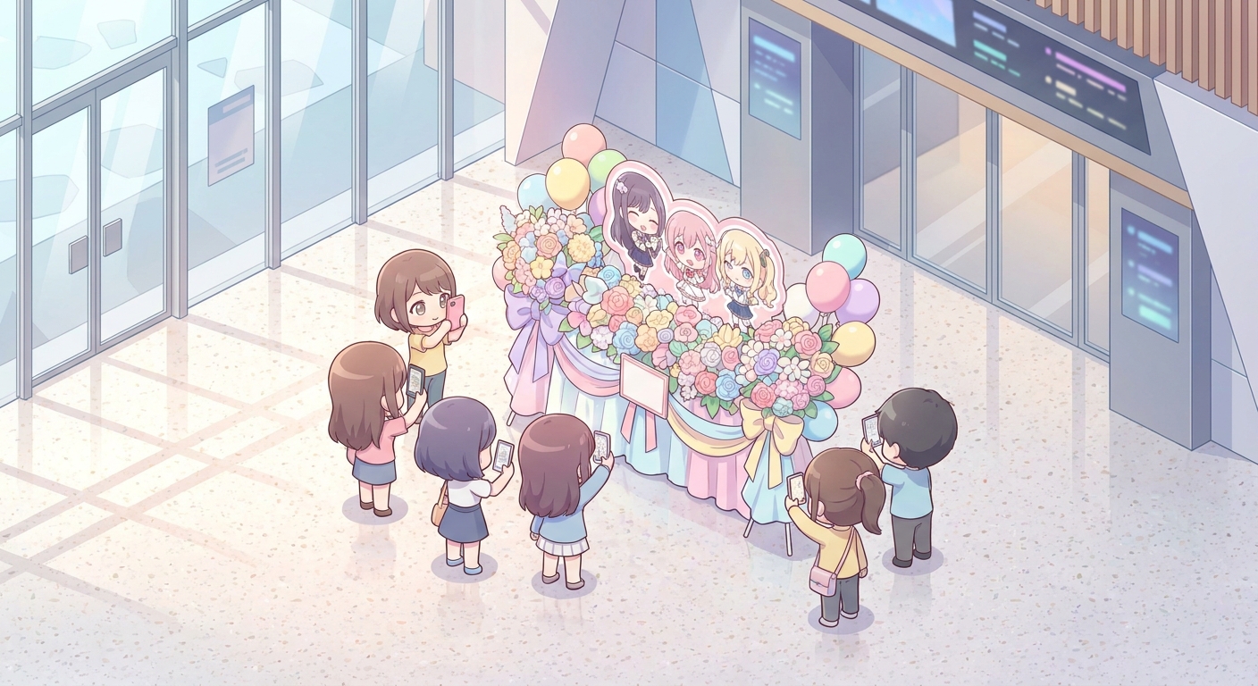 A vibrant and elaborate flower stand (flasta) decorated with colorful balloons and a custom character panel, displayed p