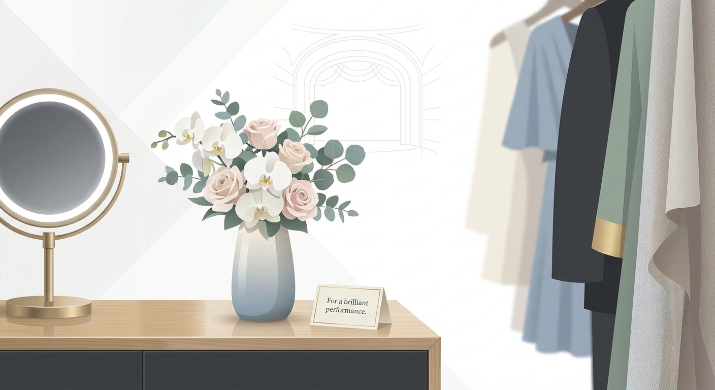 A beautiful, compact flower arrangement placed in a backstage dressing room, with a makeup mirror and stage costumes in 