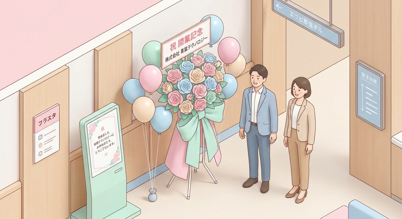 A beautiful and grand custom-made flower stand (flasta) with pastel pink and blue roses, balloons, and a decorated messa