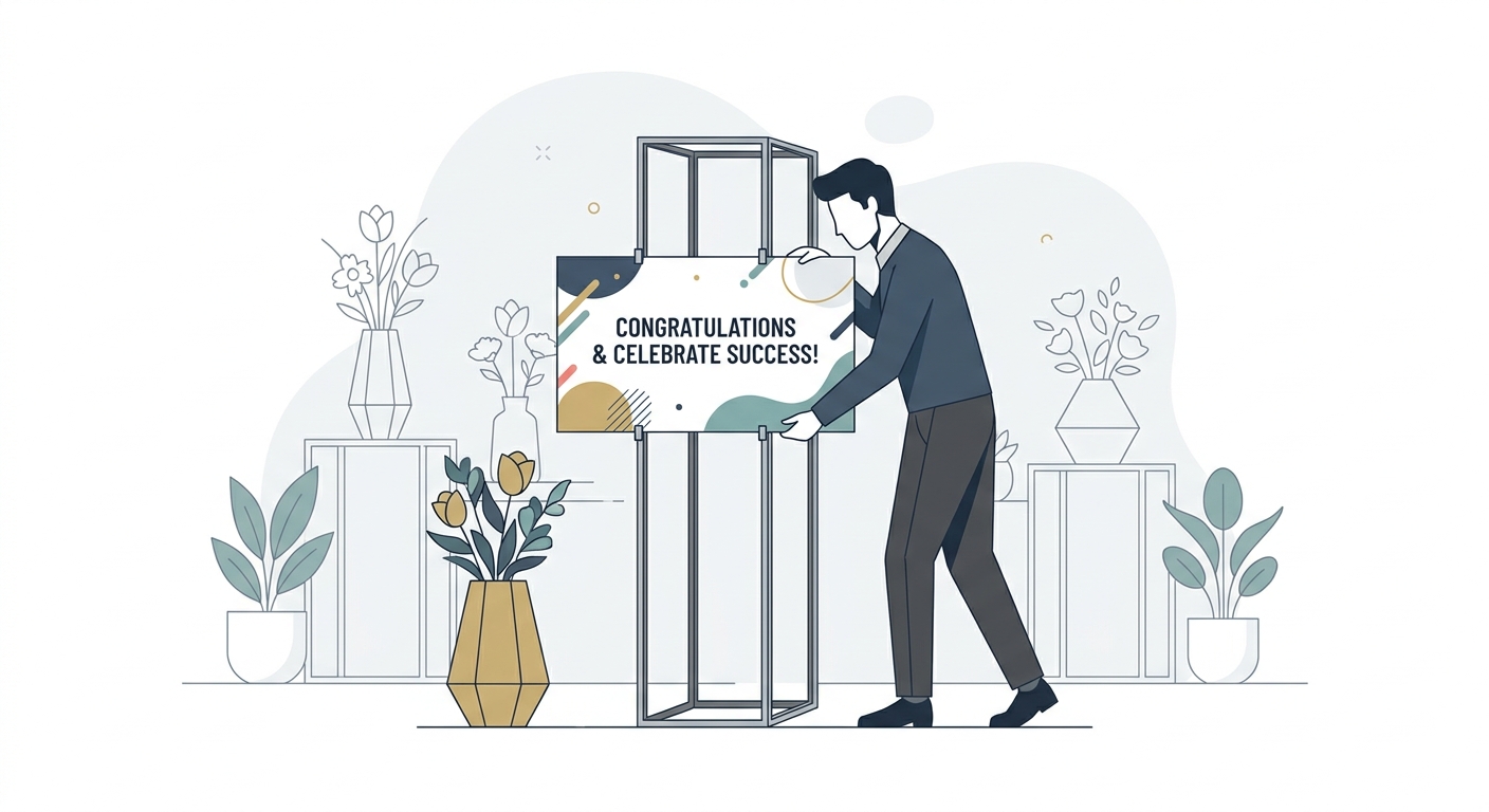 A person carefully attaching a custom-designed message panel to a floral stand (furasta) at an event venue. The panel is