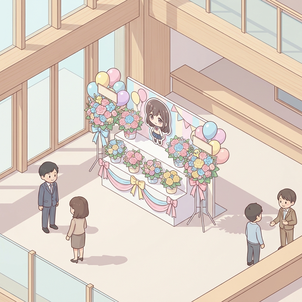 A colorful, double-tier flower stand (flasta) decorated with balloons, ribbons, and a character panel, standing inside a