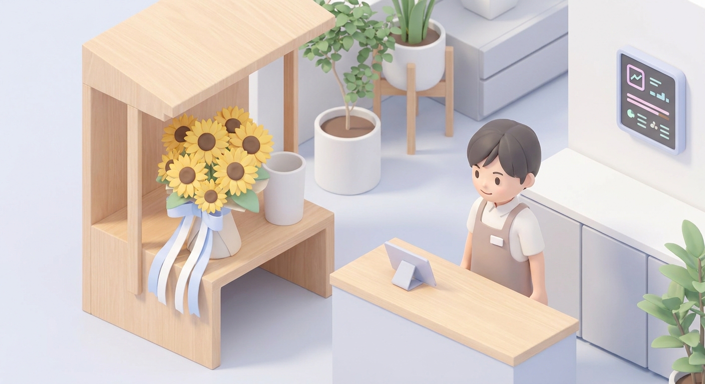 An artistic composition of yellow sunflowers arranged in a modern flower stand setting, with soft lighting and subtle ri