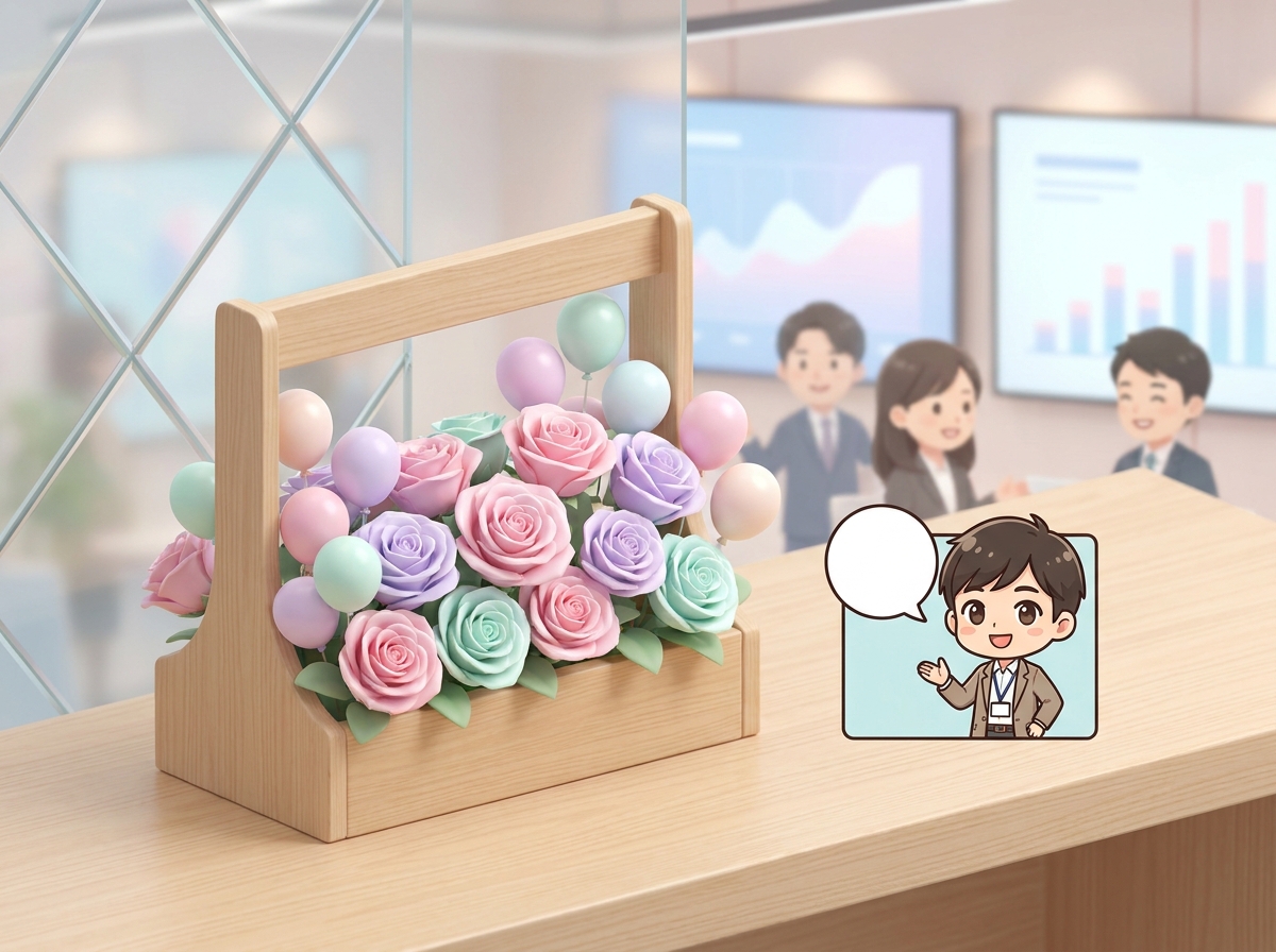 A beautiful tabletop flower stand with colorful pastel roses, small balloons, and a cute customized character panel, pla