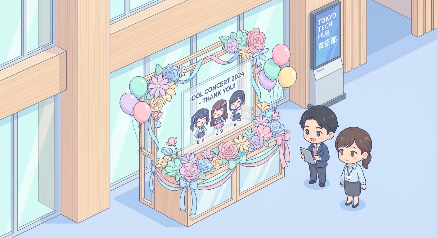 A beautifully decorated floral stand for an idol concert event with vibrant balloons, ribbon accents, and an acrylic pan
