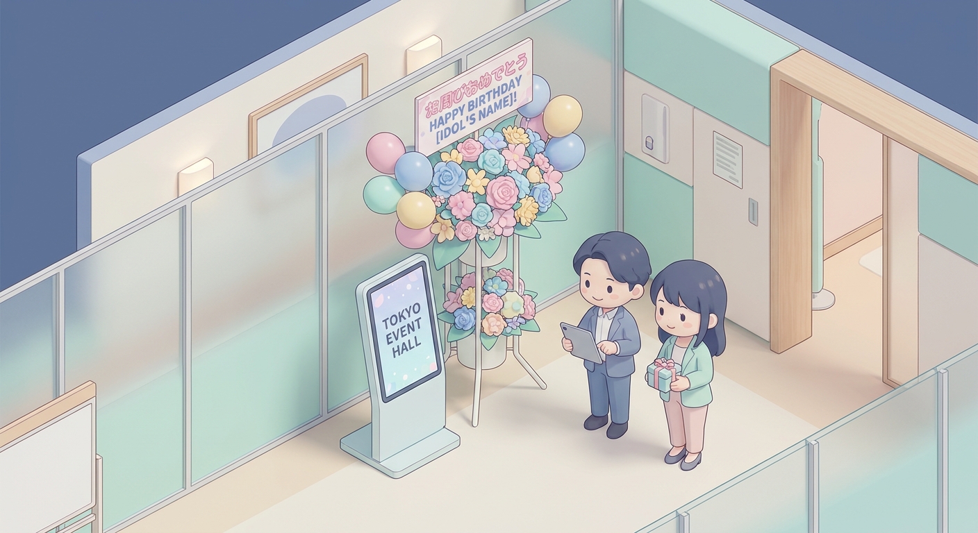 A stunning and colorful flower stand flasta decorated with pastel pink and blue balloons dedicated to a Japanese idols b