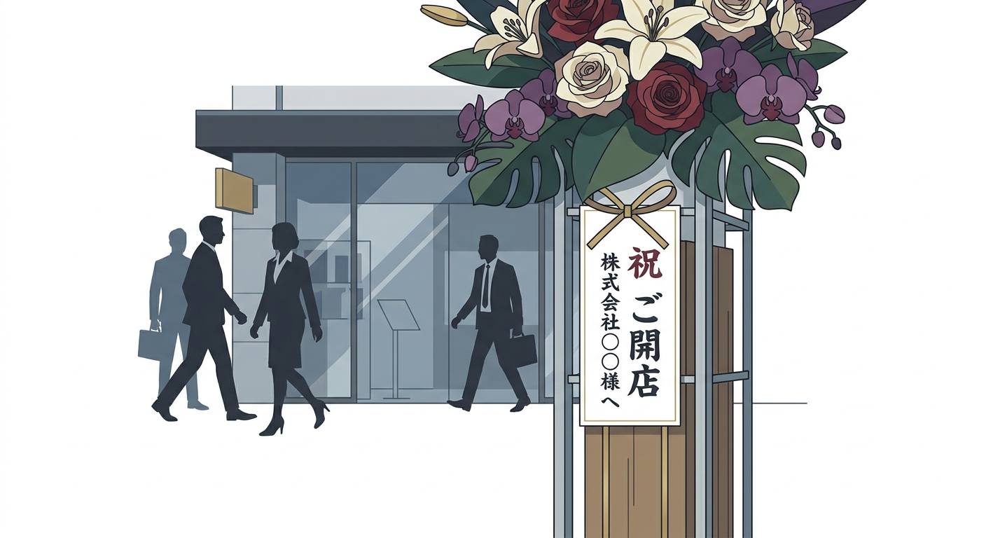 A grand, celebratory flower stand (stand flower) with a large, ornate arrangement of colorful flowers like roses, lilies