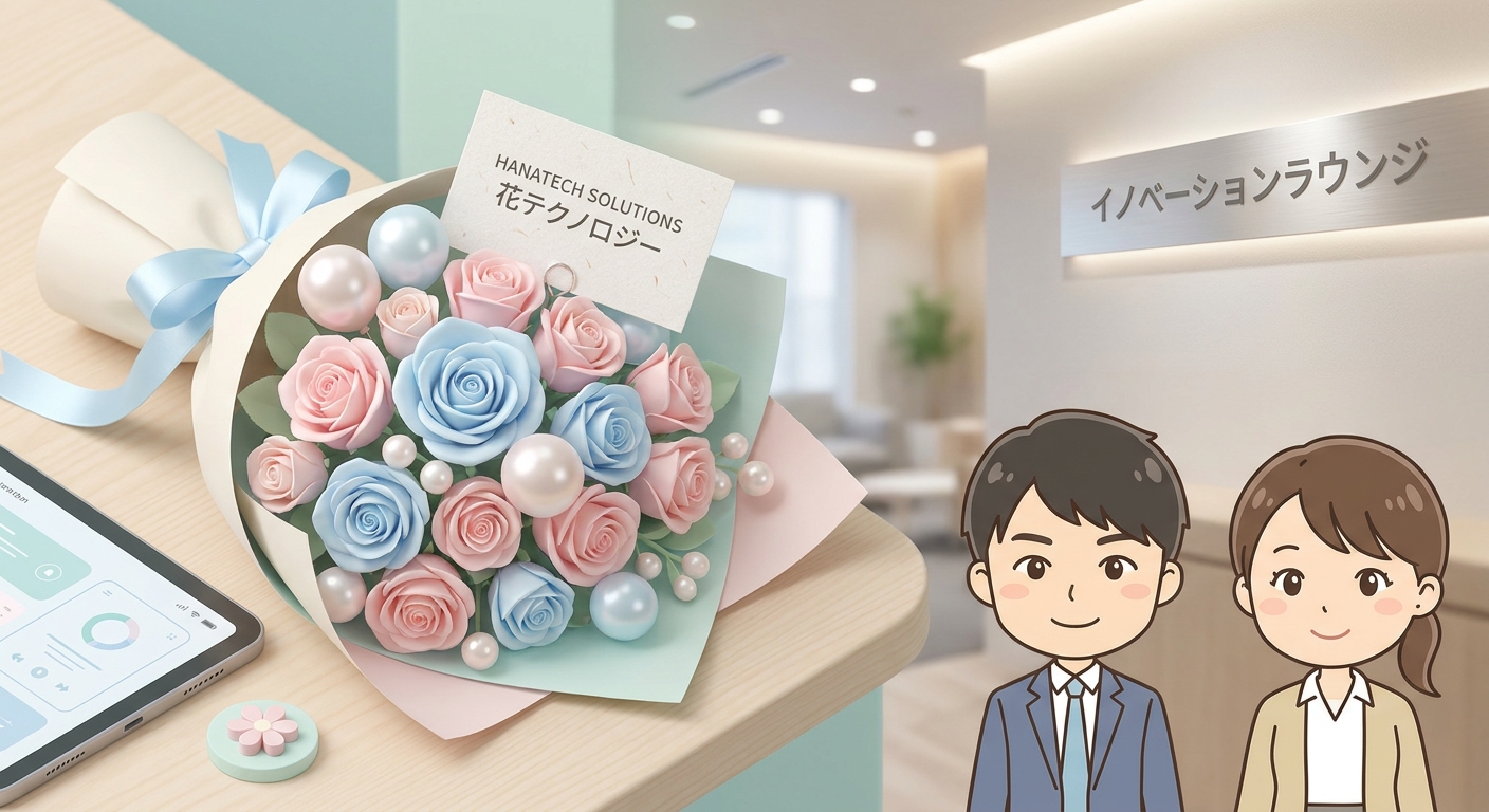 A close-up of a vibrant flower arrangement with pink and light blue roses, decorated with mini balloons, a satin ribbon,