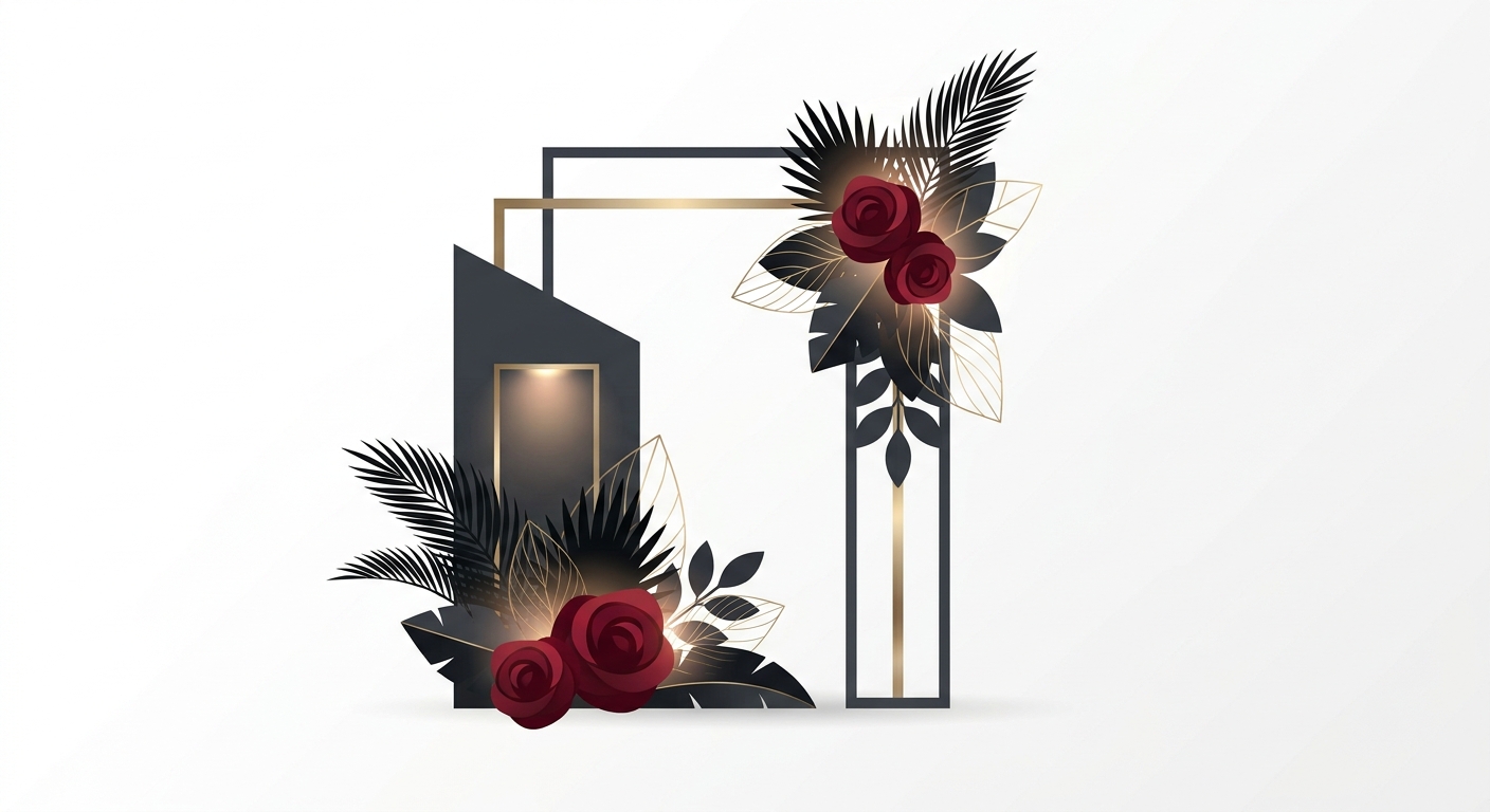 A sophisticated red and black flower stand (furasta) designed for a mature audience or an artistic event, using deep red