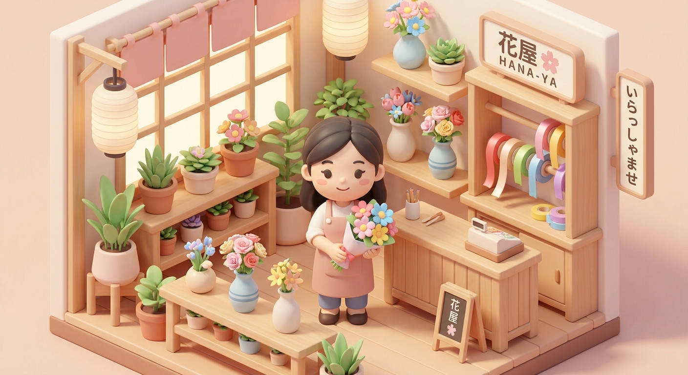 A warm and inviting flower shop interior with a friendly female staff member smiling, holding a colorful bouquet of flow
