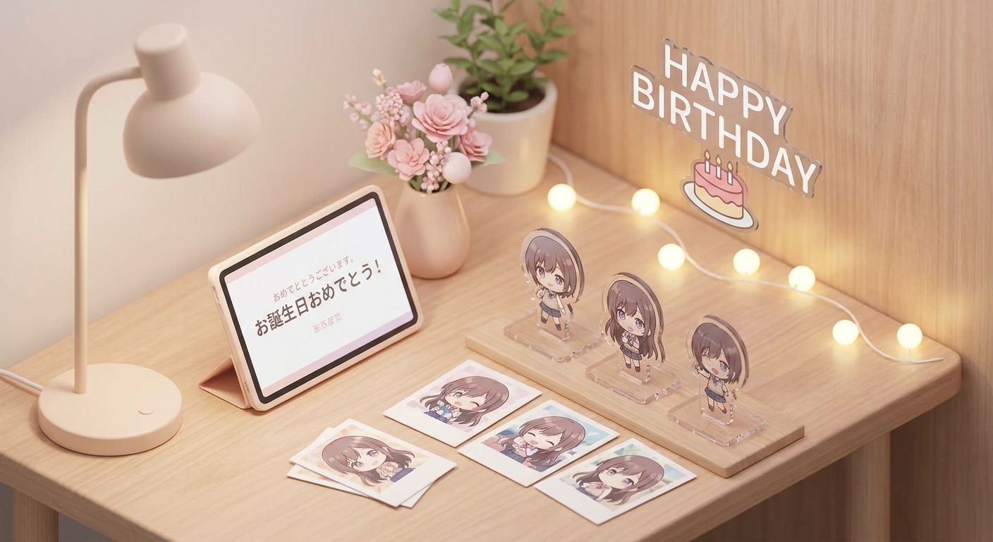A cozy tabletop set up for an absentee birthday party of an anime character, featuring a small pastel pink flower arrang