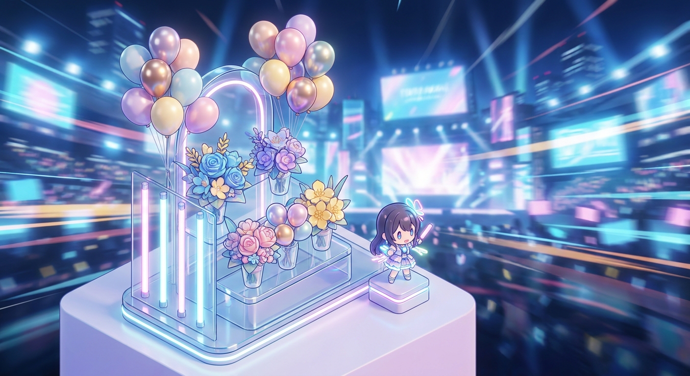 A beautiful and gorgeous flower stand with colorful balloons, decorated for an idol's concert. The background is a brigh