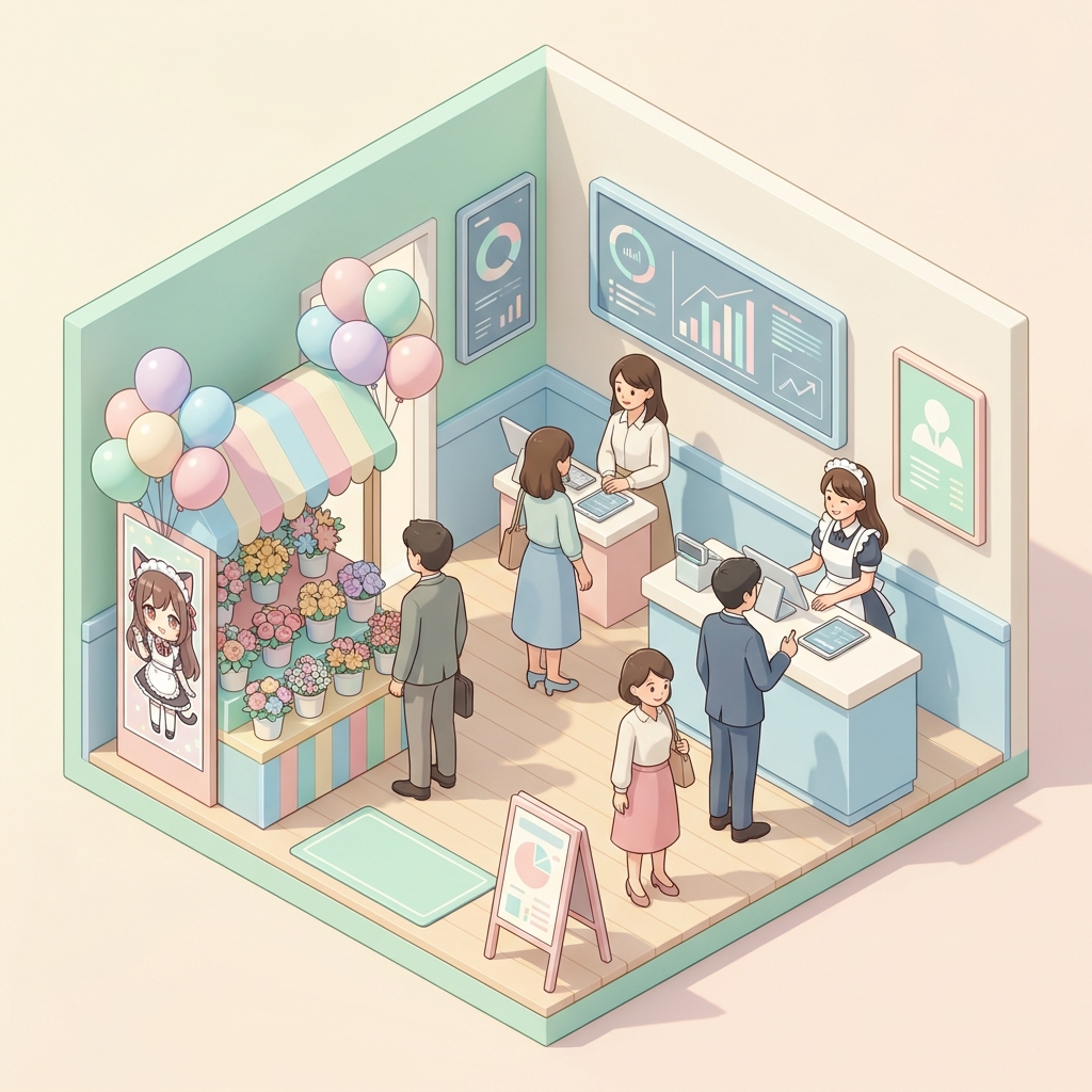 A colorful flower stand with balloons and a character panel, placed in a vibrant maid cafe in Akihabara, warm lighting, 