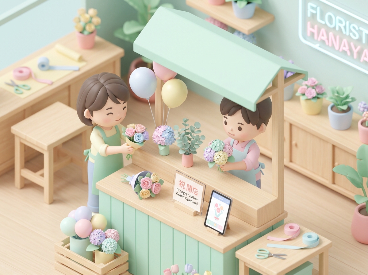 A close-up of a customized flower stand decoration process, showing delicate hands arranging colorful flowers, balloons,