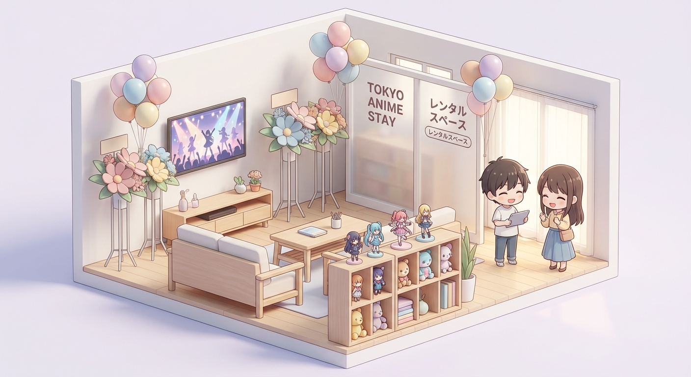 A cozy and stylish rental space in Tokyo for anime fans, decorated with colorful flower stands, character goods, balloon