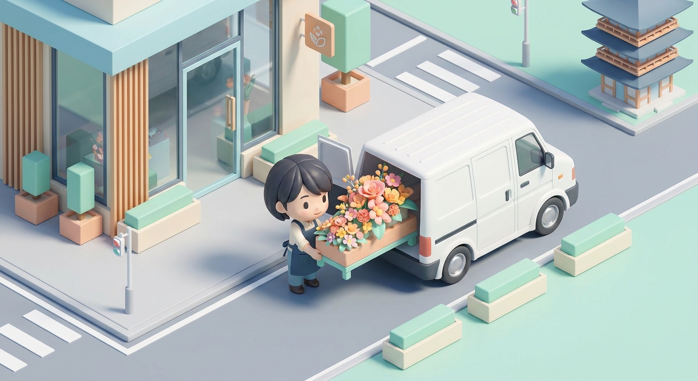A professional florist carefully loading a large, vibrant custom flower stand into a delivery van, bright daylight, urba
