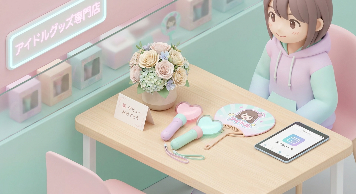 A close-up of a charming and compact flower arrangement with a small celebration card on a dressing room table alongside