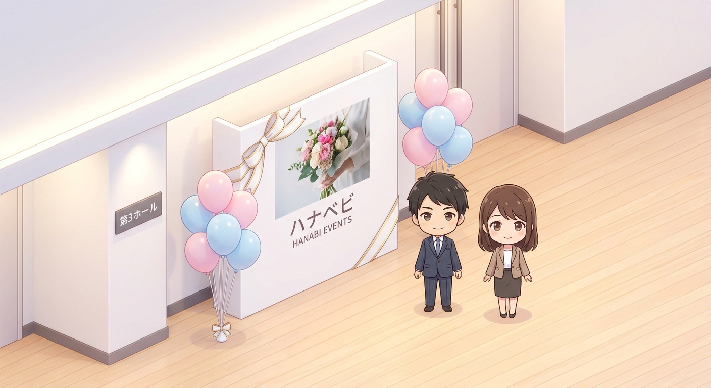 A modern, colorful balloon and flower stand in an event hallway, decorated with elegant ribbons and a custom panel, prof
