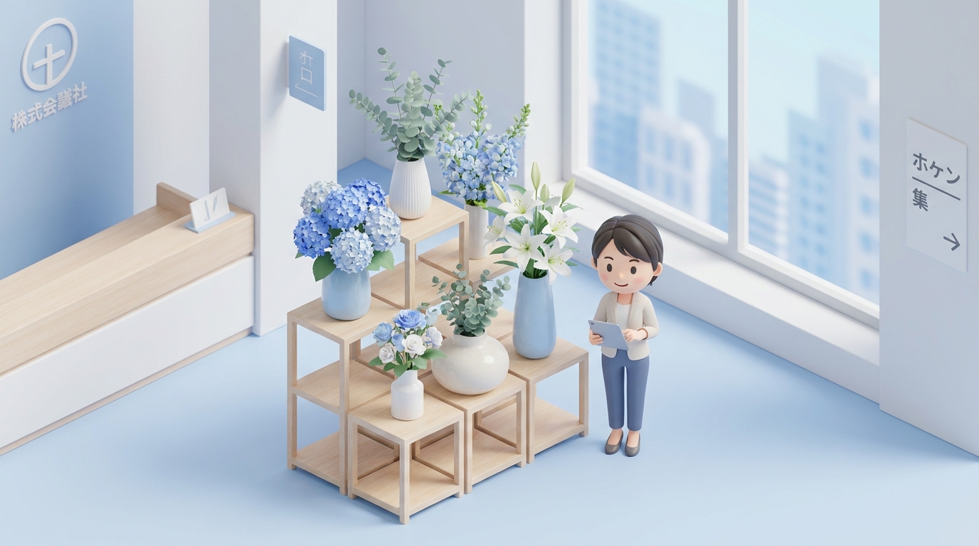 Beautiful tailored floral arrangement stand with blue and white color scheme set up neatly, high detail photo style