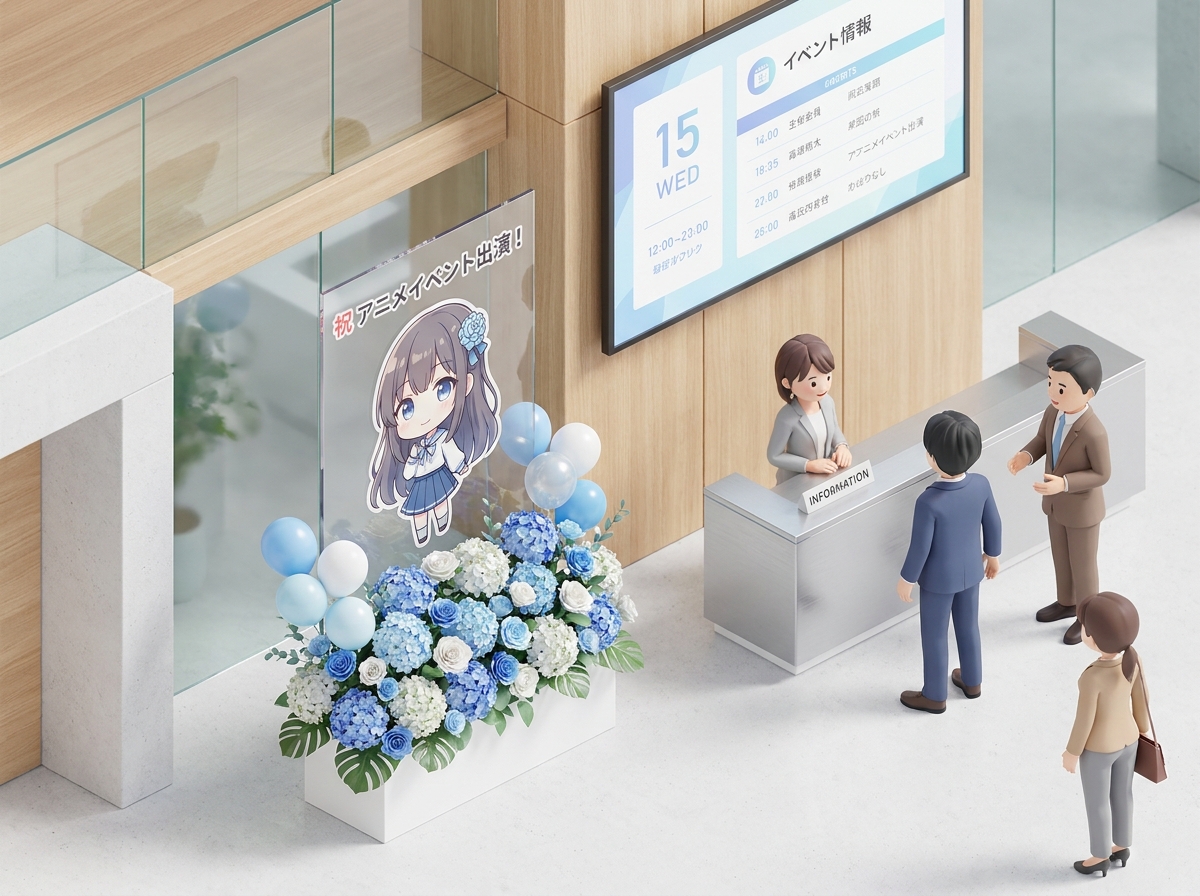 A gorgeous custom-made flower stand (flasta) for a Japanese idol or anime event, featuring vibrant blue and white flower