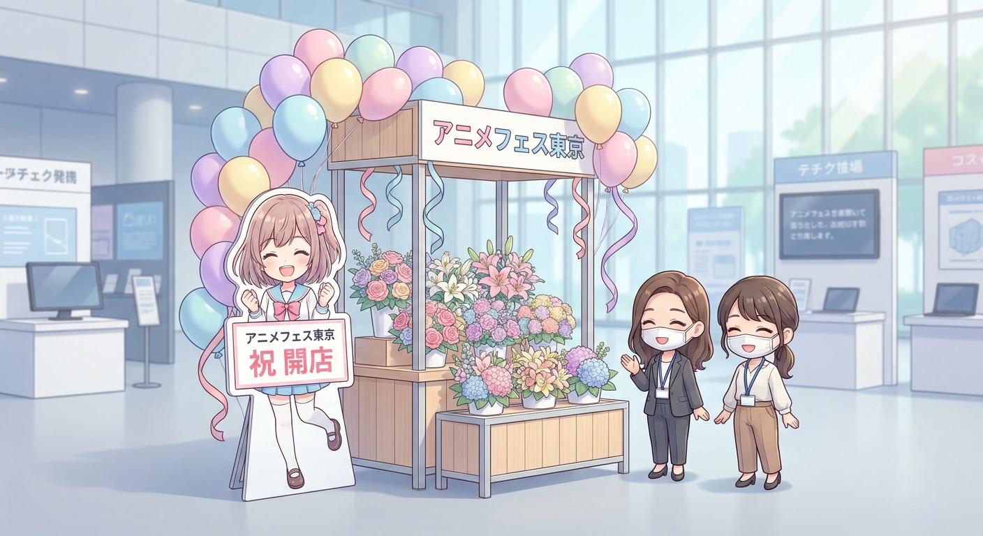 A colorful and gorgeous flower stand with balloons, ribbons, and a character panel, displayed at an anime event venue in