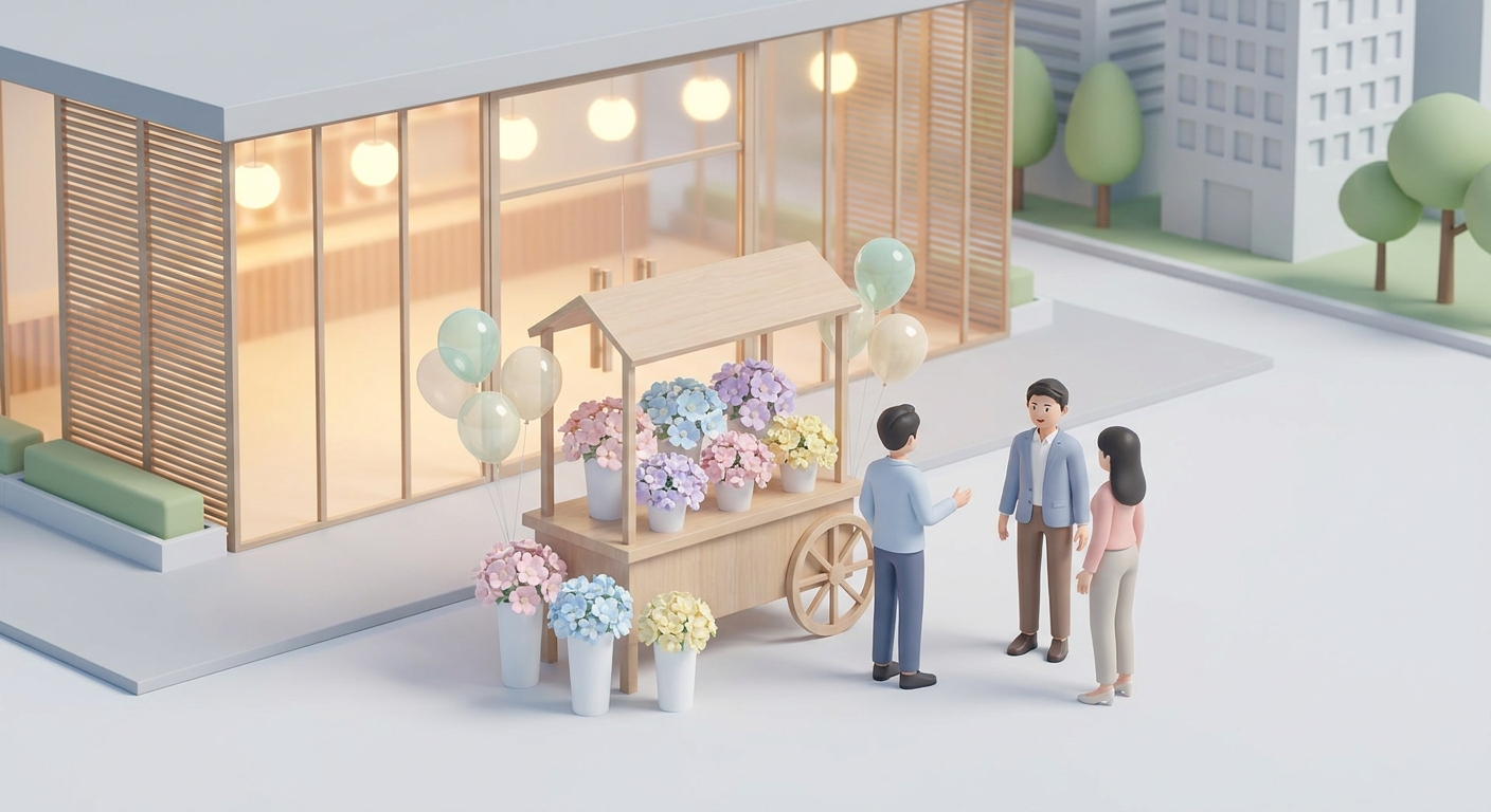 A beautiful, vibrant flower stand with colorful balloons, standing in front of a modern event venue hall, bright and wel