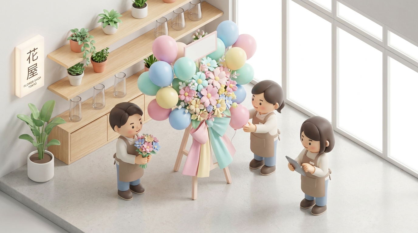 A beautiful and colorful flower stand (flasta) with balloons being prepared in a Tokyo flower shop, professional setting