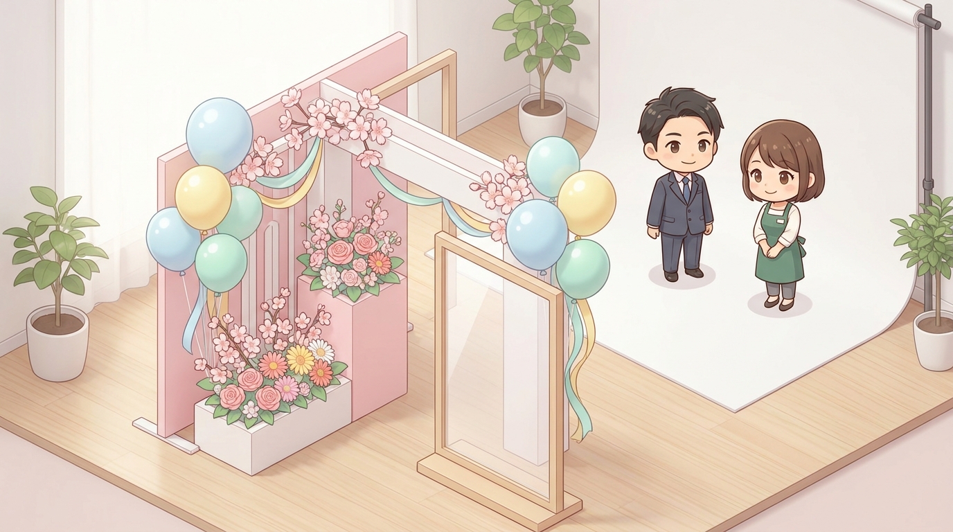 A close-up of a pastel pink and white flower stand (flasta) with colorful balloons, ribbons, and a blank custom acrylic