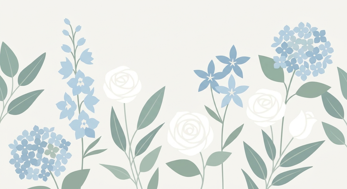 A close-up arrangement of light blue flowers commonly used in flori-stands, such as delphiniums, hydrangeas, and blue st