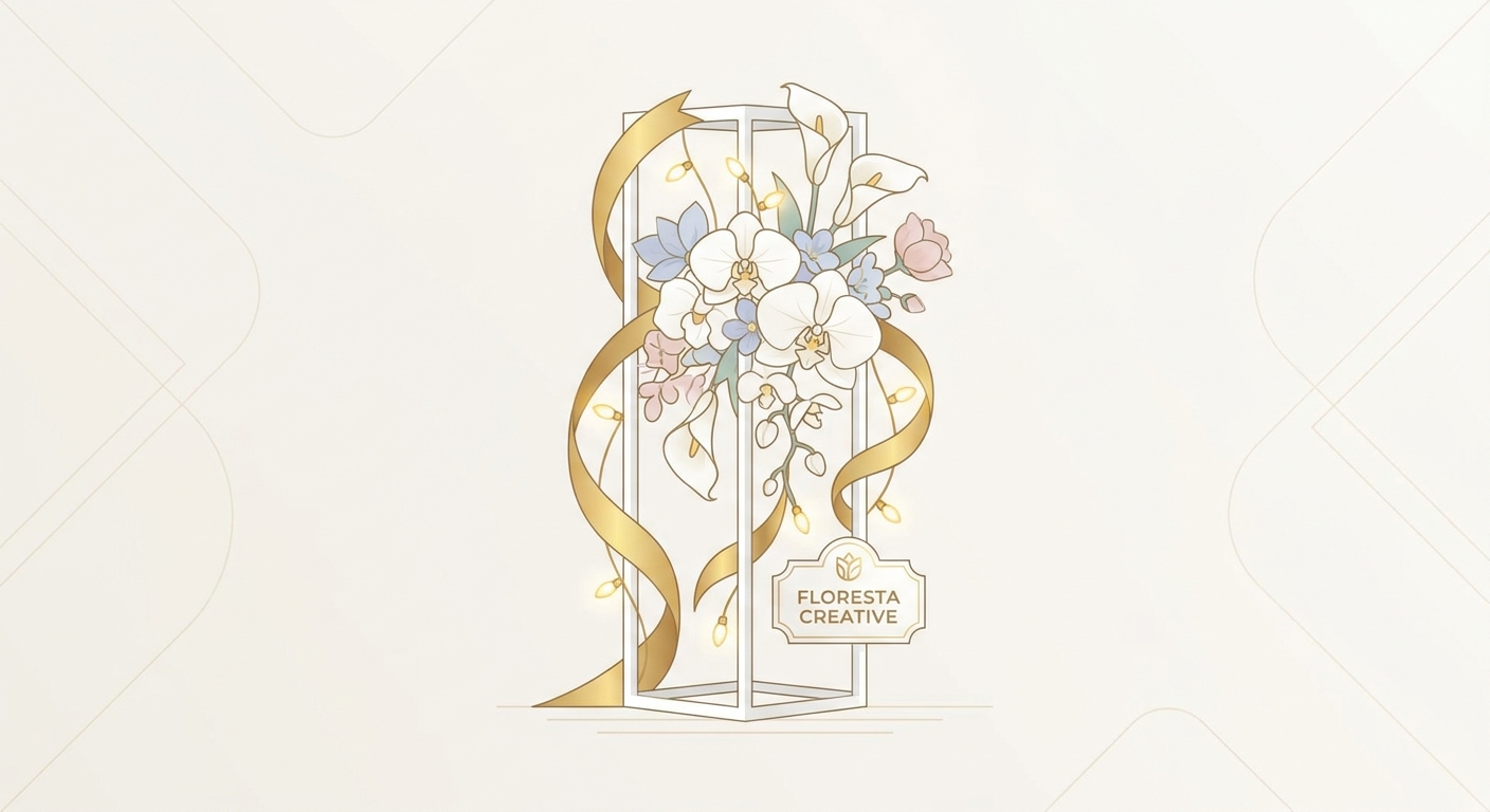 A creative and elegant white flower stand (floresta) with delicate golden ribbons and warm LED fairy lights woven throug