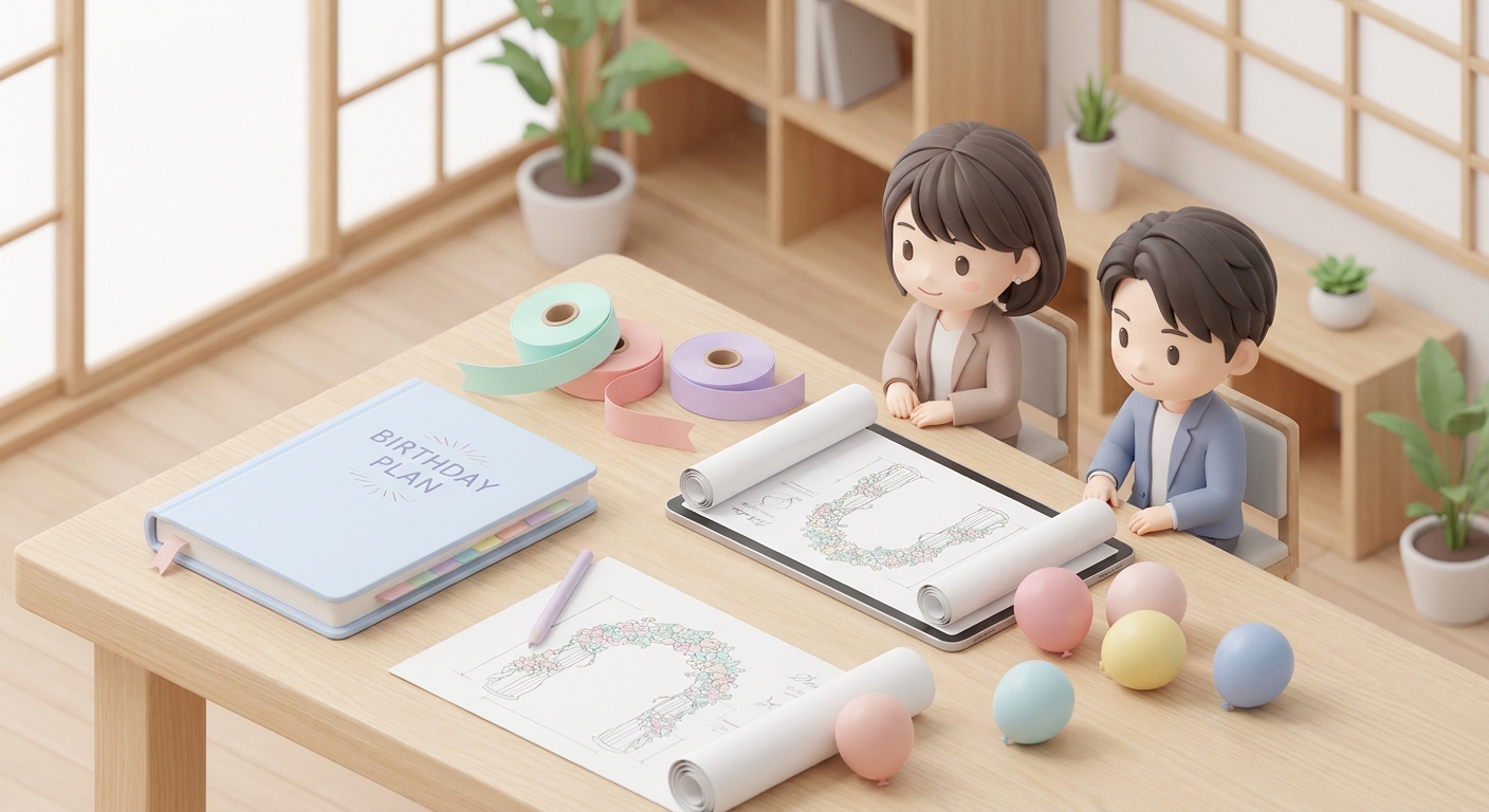 A flat-lay photo of various goods for a birthday party including a pastel color scheme planner, colorful ribbons, design