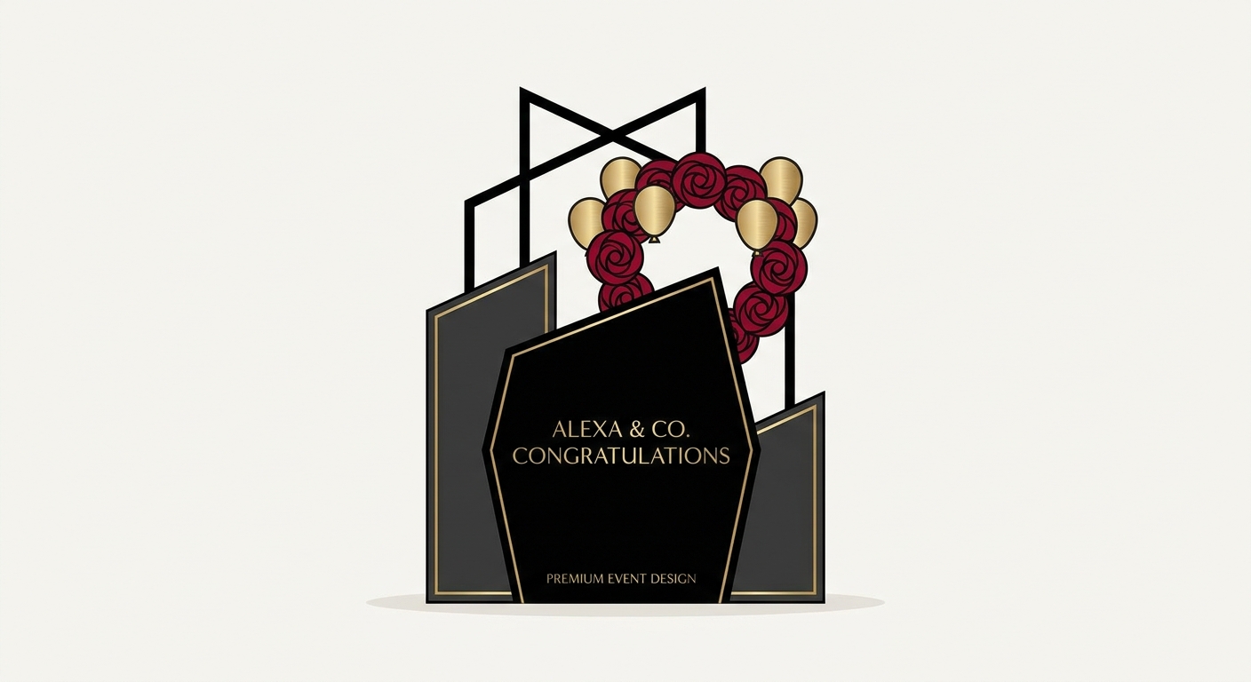 A striking black furasta design, featuring a large central arrangement of deep red roses and contrasting gold balloons.