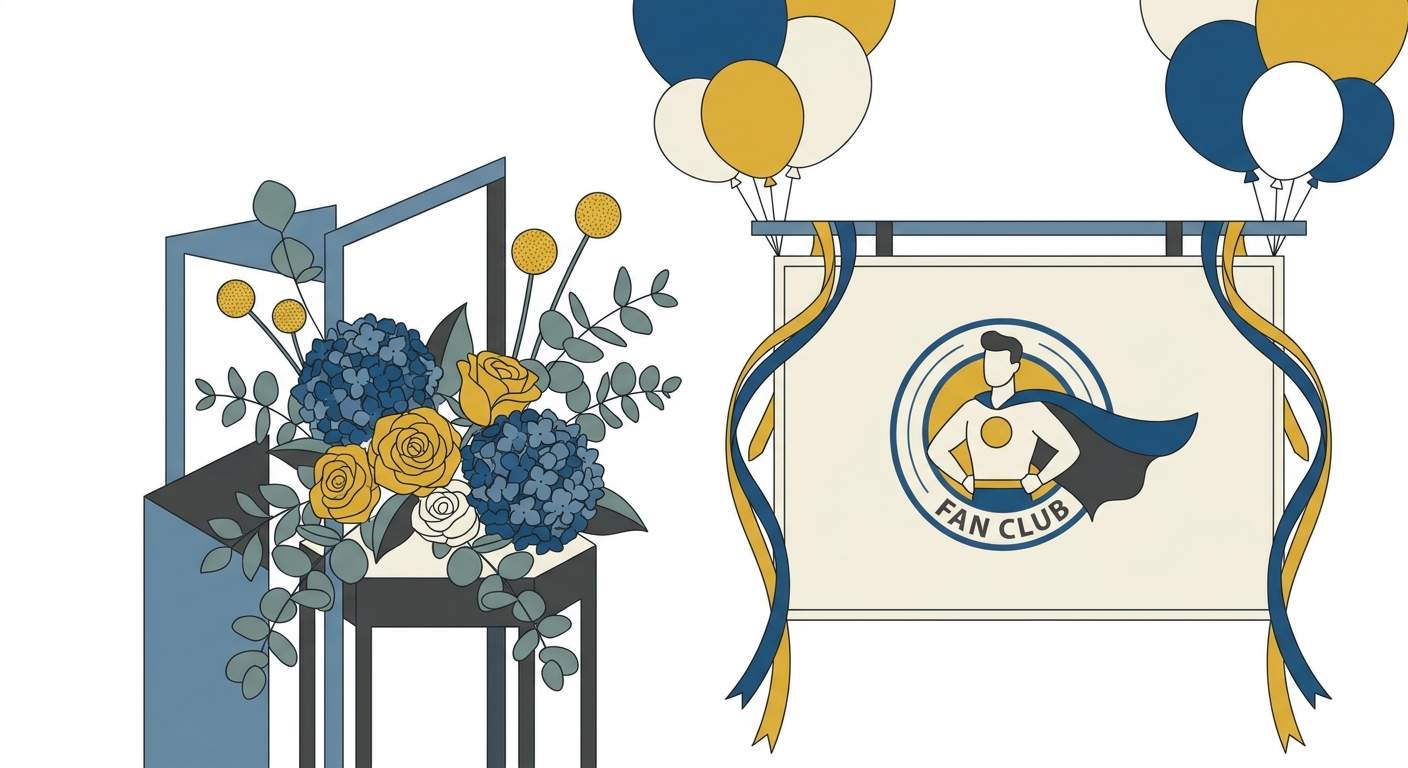 A vibrant stand flower arrangement for a fan event, featuring dominant colors of bright blue and yellow, adorned with ba