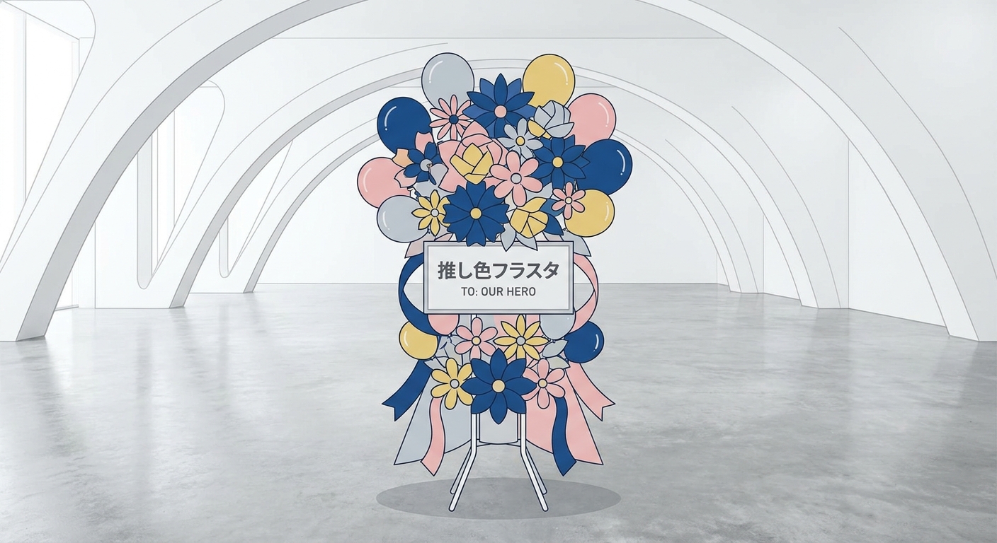 A vibrant, multi-layered floral stand (フラスタ) in various oshi-iro (fan's favorite colors) like blue, pink, and yellow, de