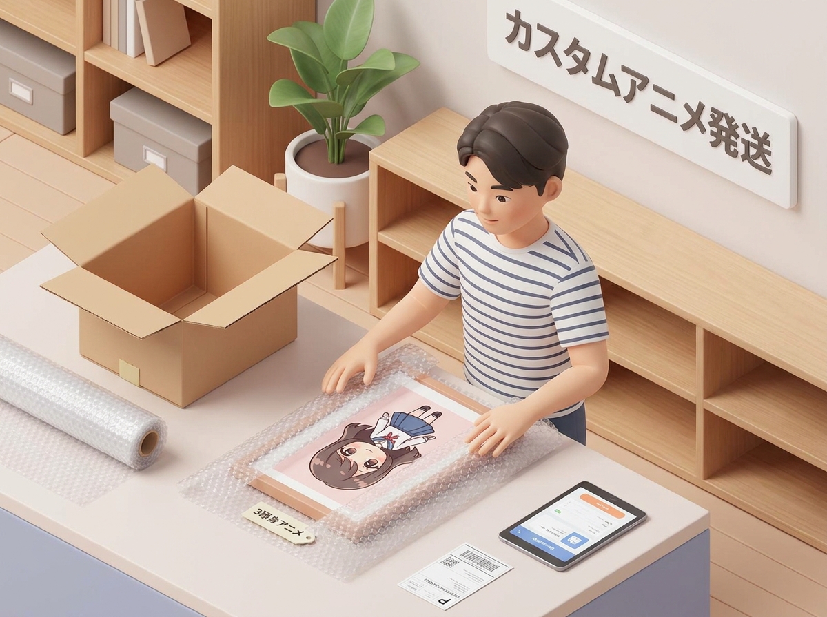 A person carefully packing a customized anime character panel into a cardboard box with bubble wrap for shipping, flat-l
