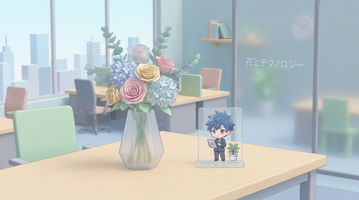 A beautiful colorful bouquet of flowers in pastel shades, with a small acrylic stand of an anime character placed next t