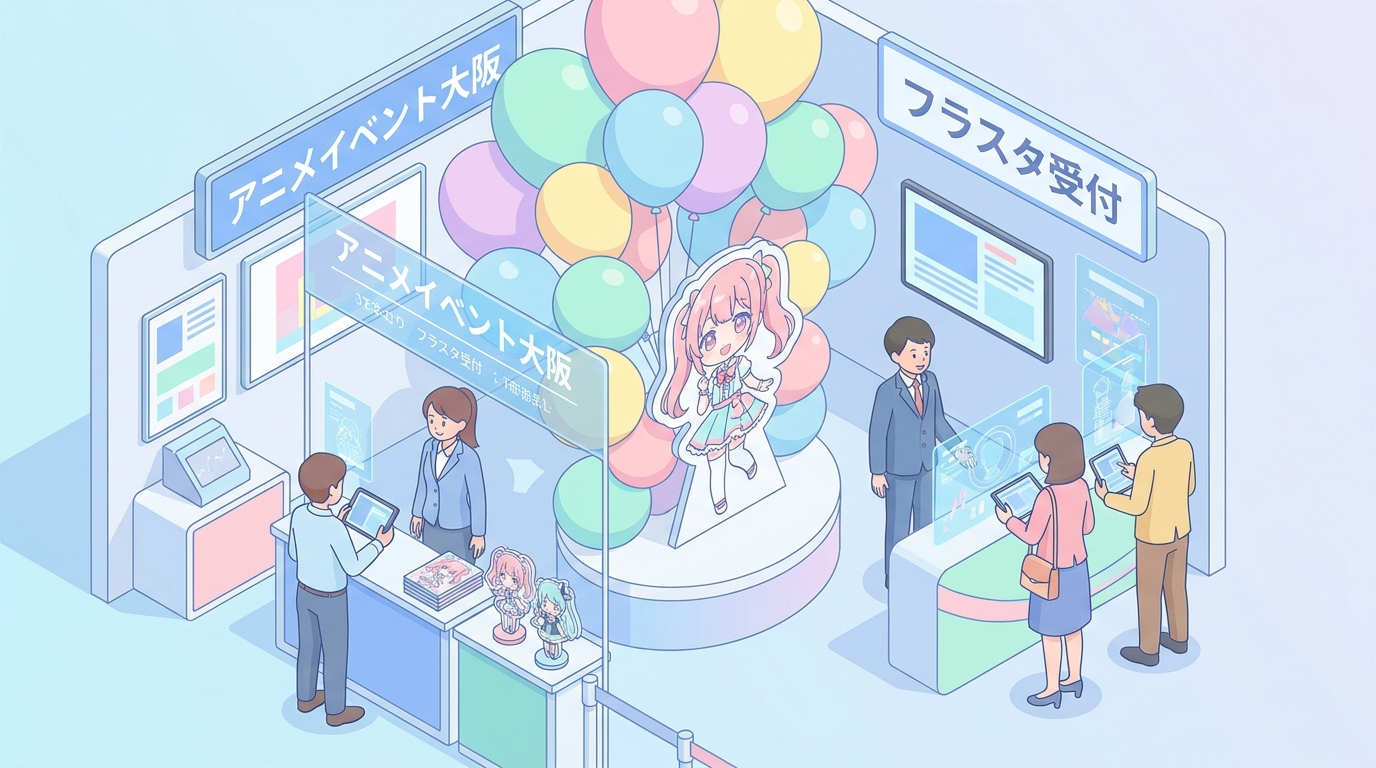 A colorful, vibrant flower stand (flasta) with balloons and a character panel, displayed at an anime or idol event venue