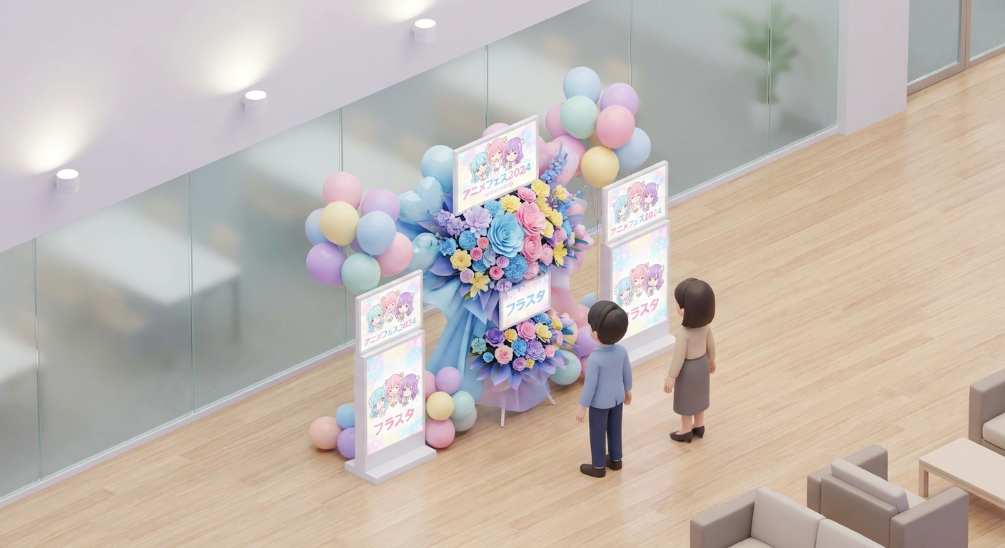 A stunning, vibrant anime-themed flower stand (flasta) adorned with balloons, customized character panels, and colorful