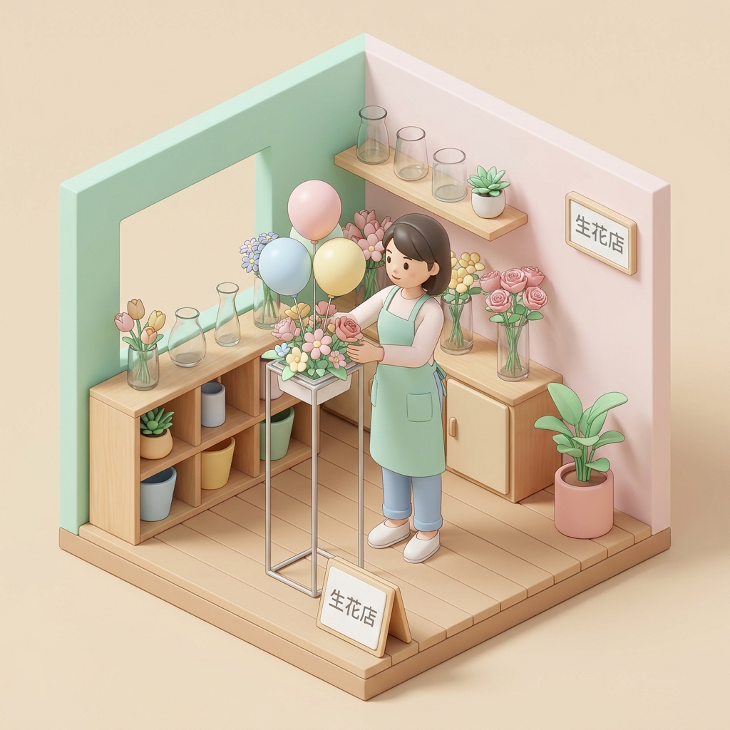 A florist carefully arranging vibrant flowers and balloons on a tall metal stand in a bright, professional floral worksh
