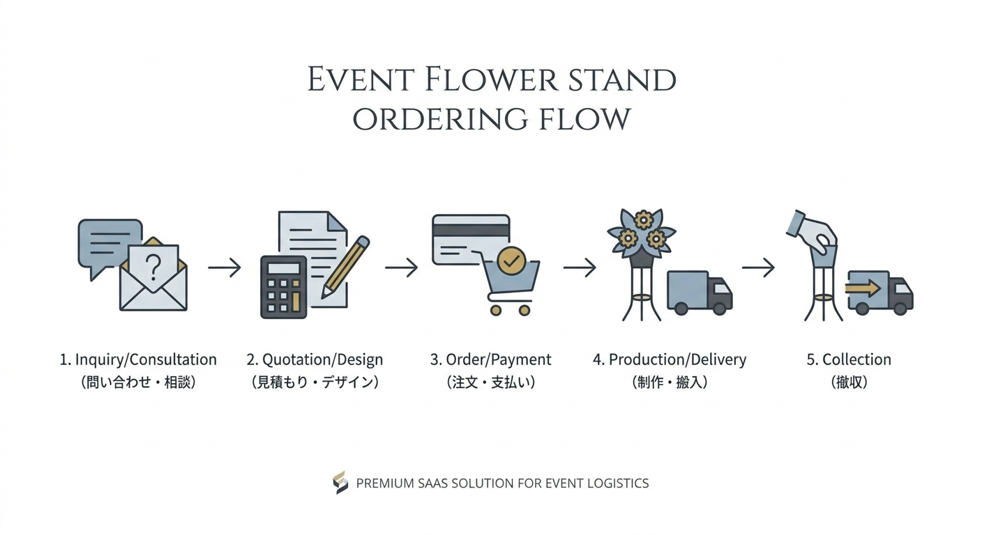 A diagram showing the typical flow of ordering a flower stand (Hurasuta) for an event, from inquiry to delivery. Include