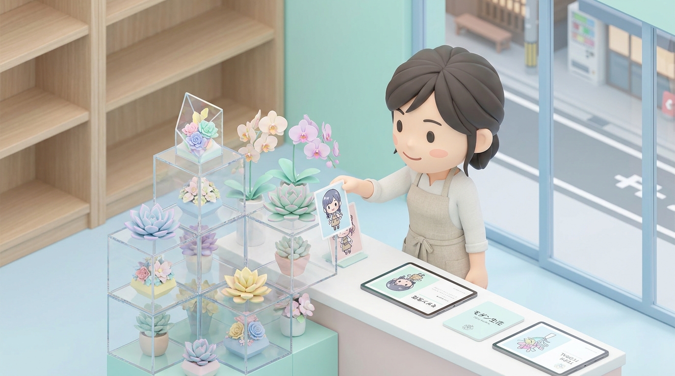 A professional florist carefully arranging a colorful, modern flower stand in a clean workshop, wearing an apron, focusi