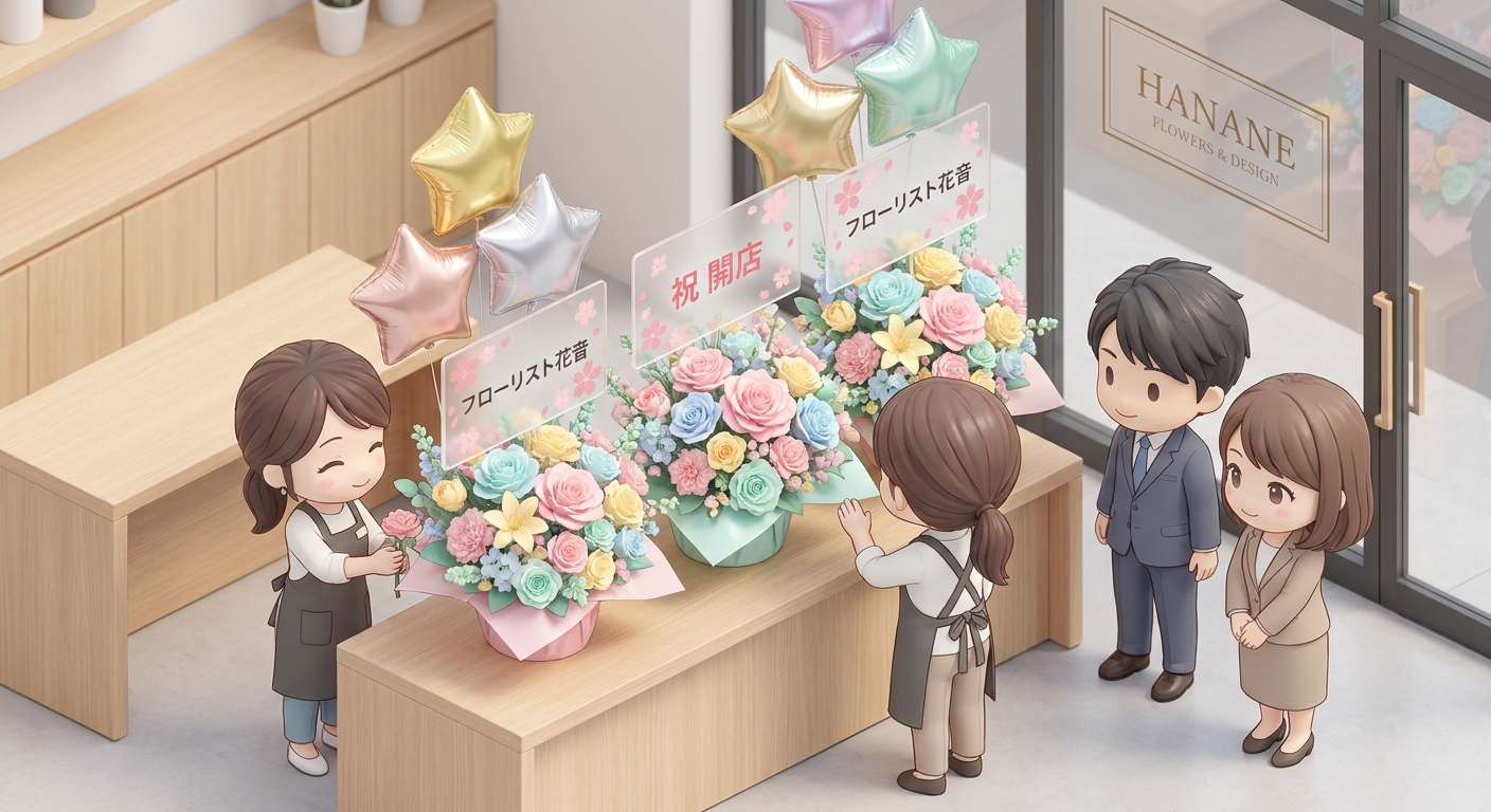 A close-up of a pastel-colored flower arrangement with custom printed acrylic panels and star-shaped balloons, highlight