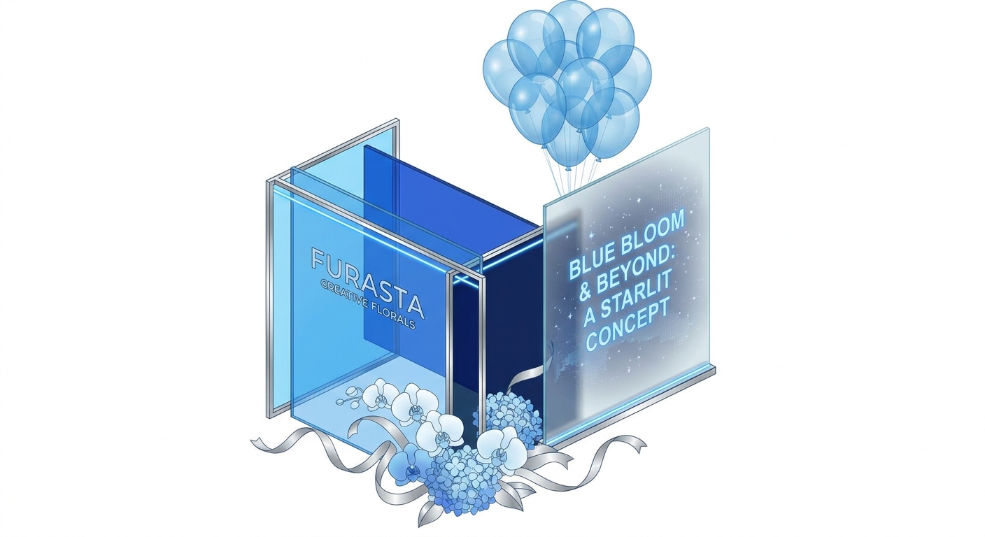 A creative blue flower stand (furasta) design concept, showcasing a blend of different blue hues, such as sky blue, roya