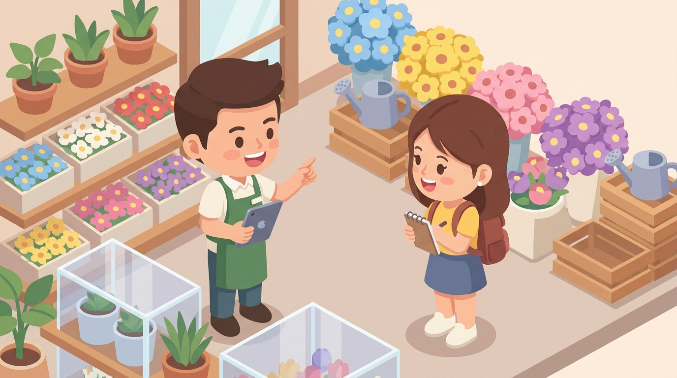 A professional florist, an expert in flower stands, smiling and giving advice to a fan in a friendly manner in a flower 
