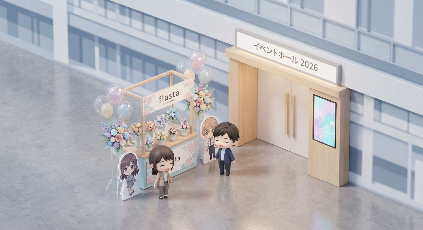 A beautiful and colorful flower stand (flasta) with balloons and character panels displayed at an event venue entrance, 