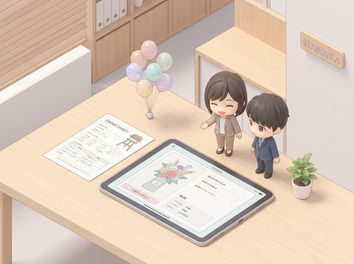Detailed flower stand order sheet and colorful balloons placed on a wooden desk with a computer displaying design layout