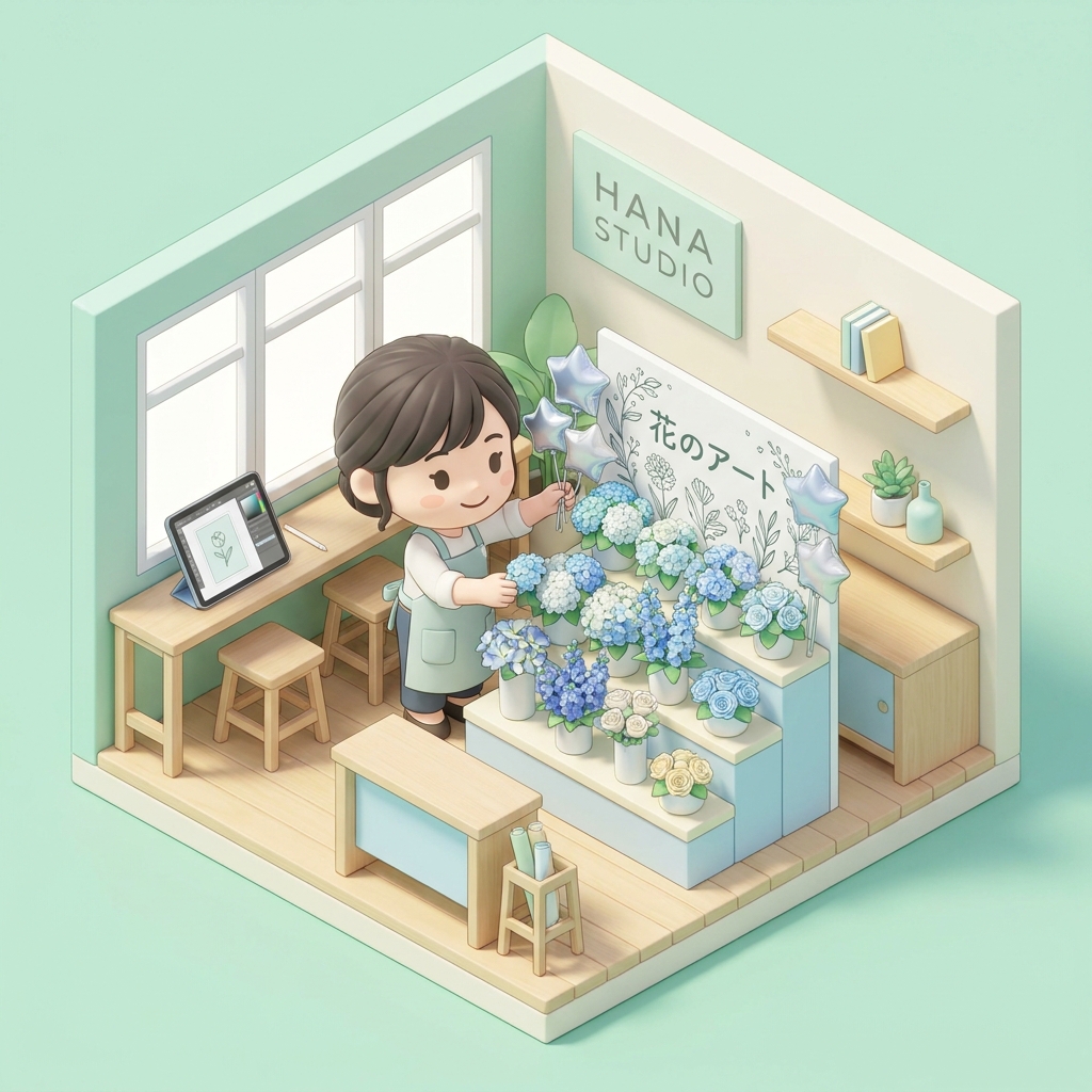 A professional florist carefully assembling a detailed custom flower stand with blue and white flowers, adding star-shap