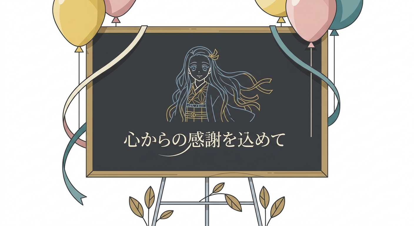 Close-up of a personalized message board on a floral stand, featuring a fan art illustration of an anime character, a he