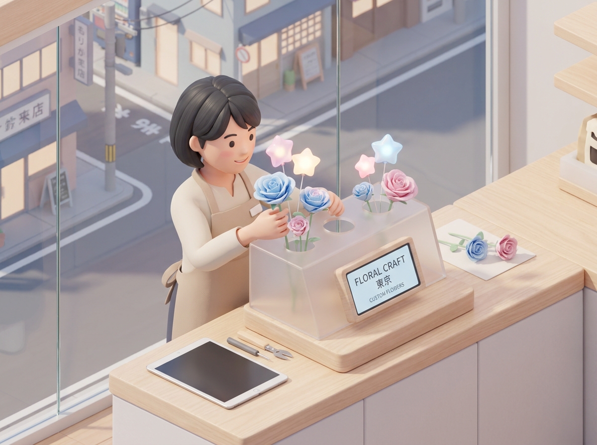 A florist carefully arranging a custom flower stand (flasta) with vibrant blue and pink roses and star-shaped balloons, 